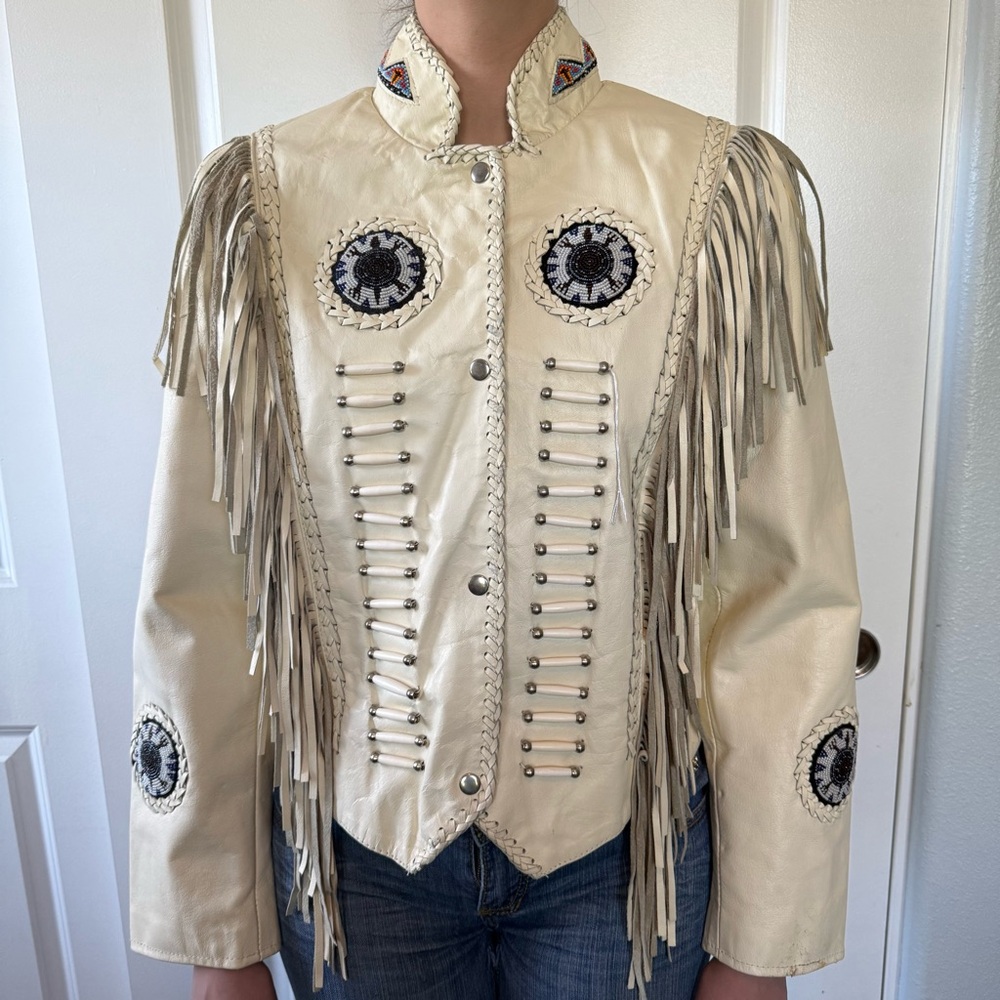 VINTAGE Biker’s Leather Stuff RARE cream leather beaded western fringe XL